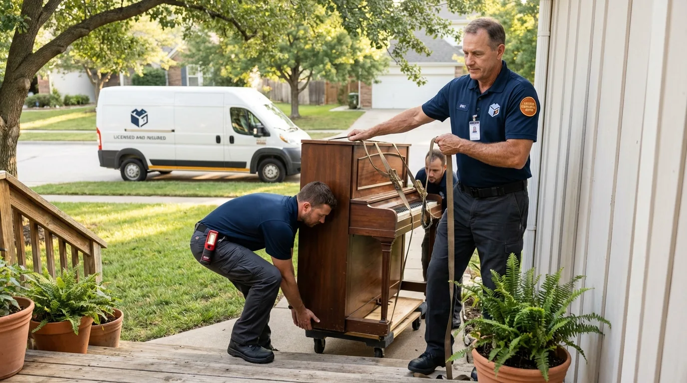 Licensed piano movers securing grand piano in Ravenna, OH