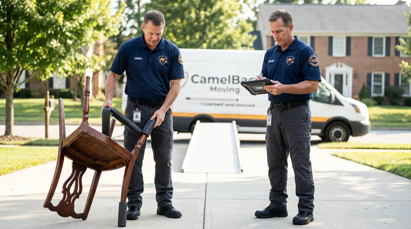 Movers inspecting furniture for damage prevention before loading in Ravenna, OH