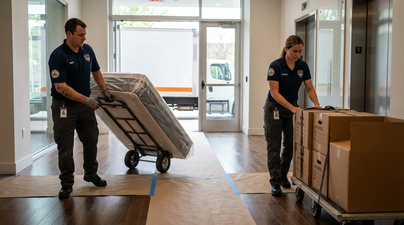 Professional apartment movers loading elevator in Ravenna, OH